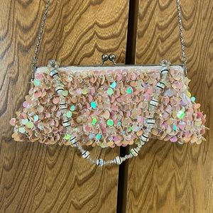 Iridescent Pink Sequined and Beaded Clutch with Beaded Strap